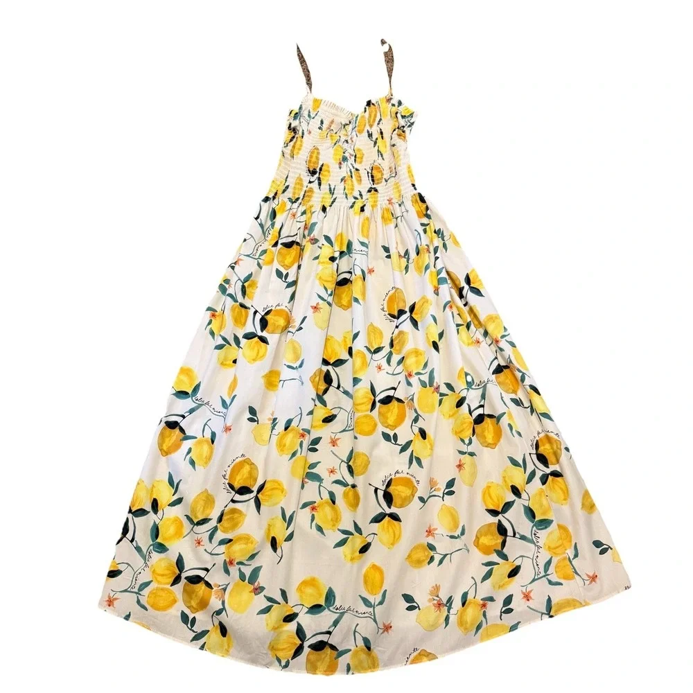 H&M Women Midi‎ Dress M Multicolor Floral Smock Topped Adjustable Strap Lemons